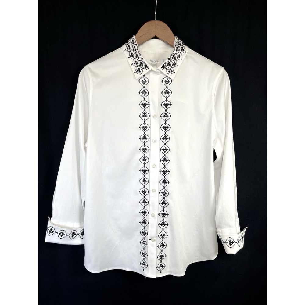 Chicos Womens Embroidered Floral Button Up Shirt Size 10 White Long Sleeve